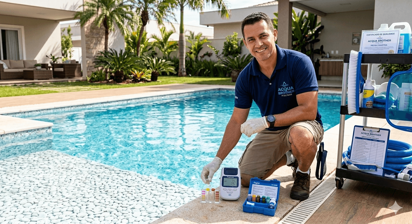 Equipe profissional de manutenção de piscinas
